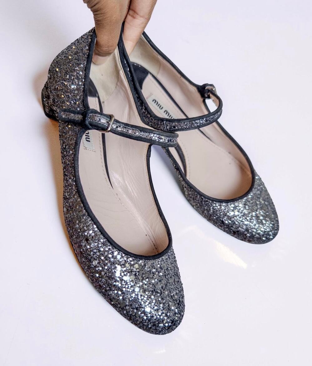 Miu Miu Glitter Mary Jane Low Heel Pumps EU 36 Silver Gray Made in Italy